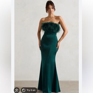 Club L London Strapless Green Dress Satin Feather Trim Maxi 4 NEW $225